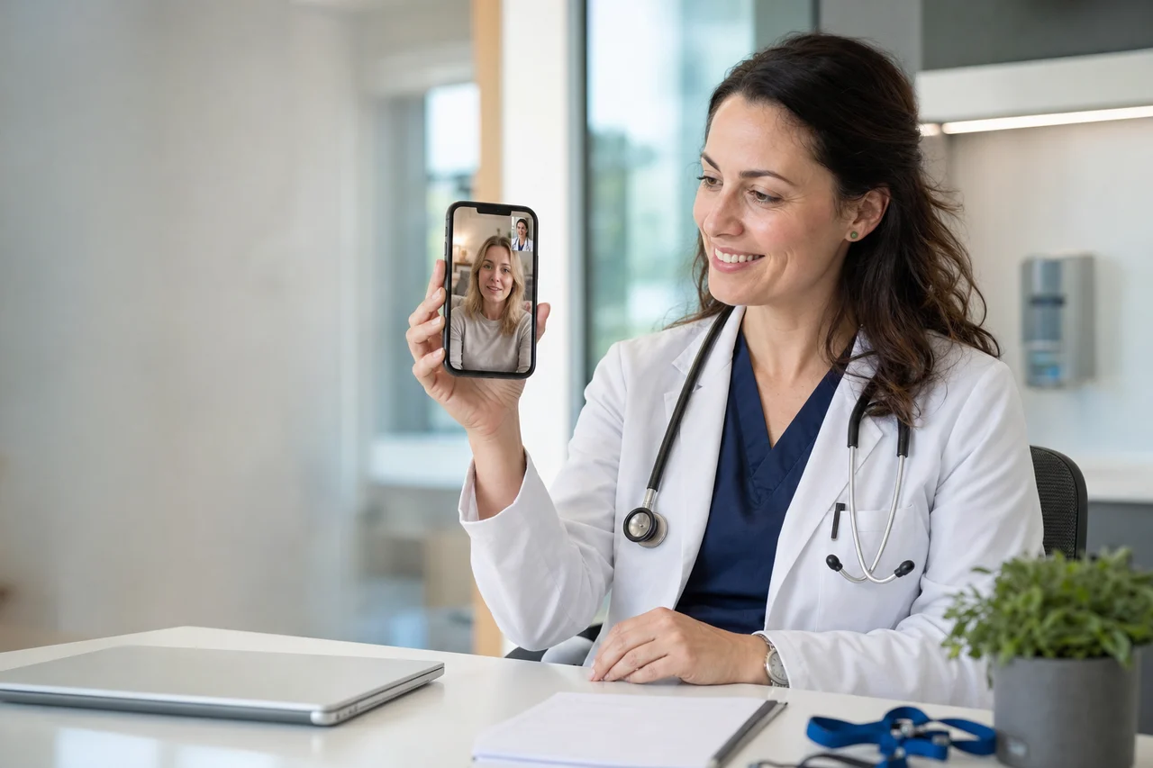طبيبة في مكتبها تُجري استشارة عبر الفيديو من هاتفها